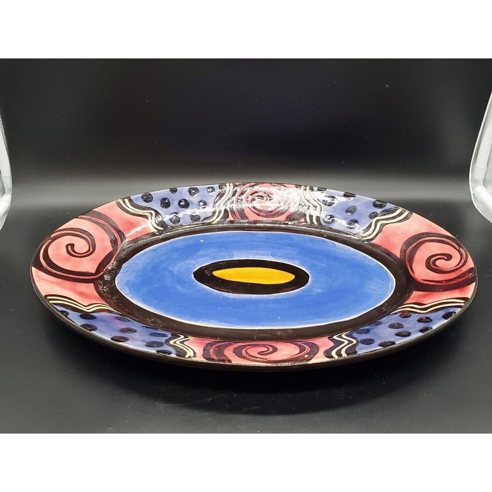 Studio Art Pottery Redware Oval Serving Platter Abstract Painted 16.5" Signed
